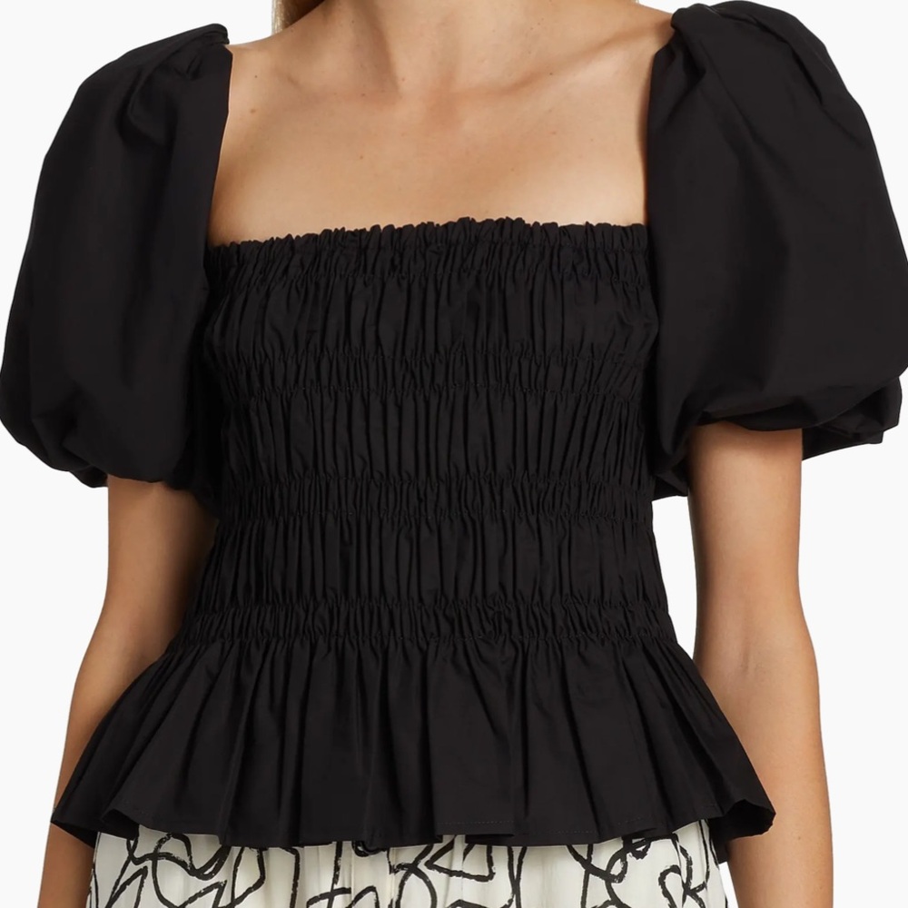 Marc NY x Andrew Marc Black Bubble Puff-Sleeve Smocked Top Sz XL